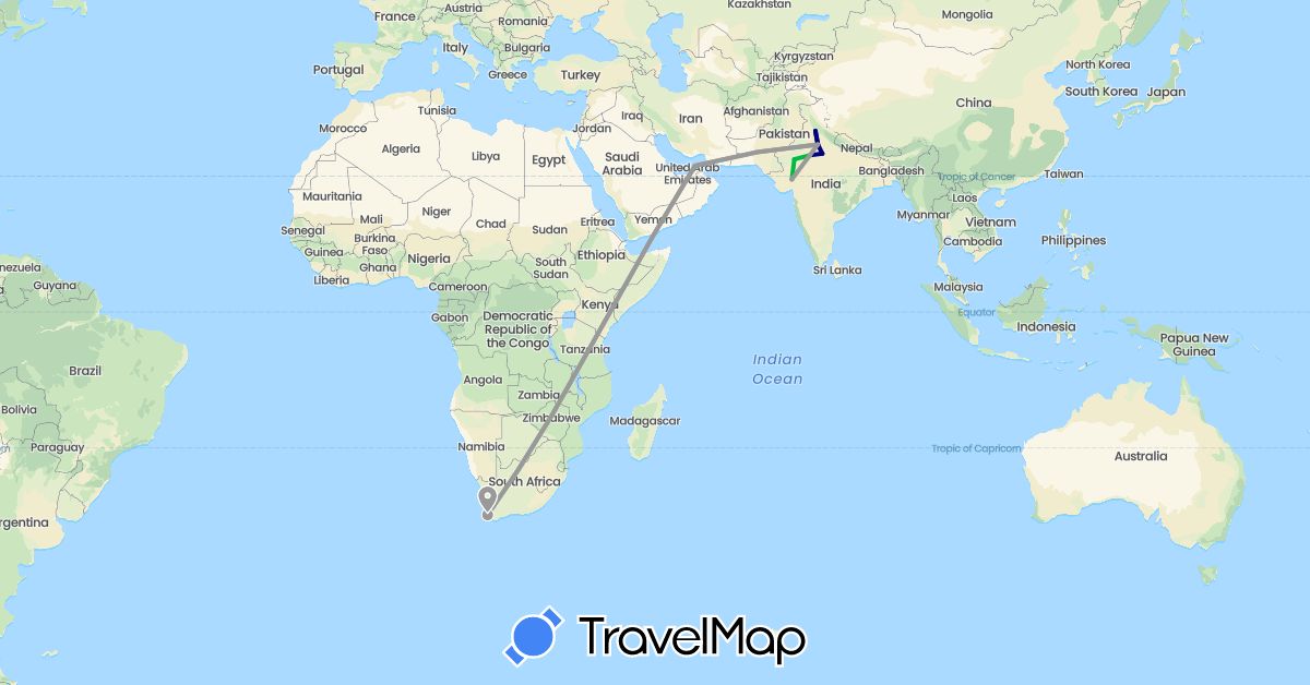 TravelMap itinerary: driving, bus, plane in United Arab Emirates, India, South Africa (Africa, Asia)